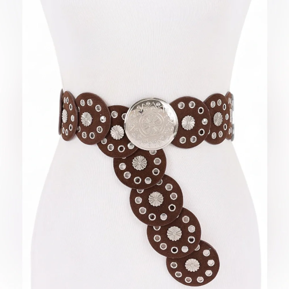 Silver Engraved Round Circle Concho Western Statement Belt